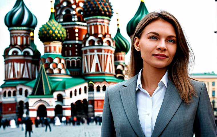 **

"A confident businesswoman in a tailored grey business suit, standing in front of the iconic Saint Basil's Cathedral in Moscow, Russia, fully clothed, appropriate attire, safe for work, perfect anatomy, natural proportions, professional corporate photography, high quality, detailed."

**